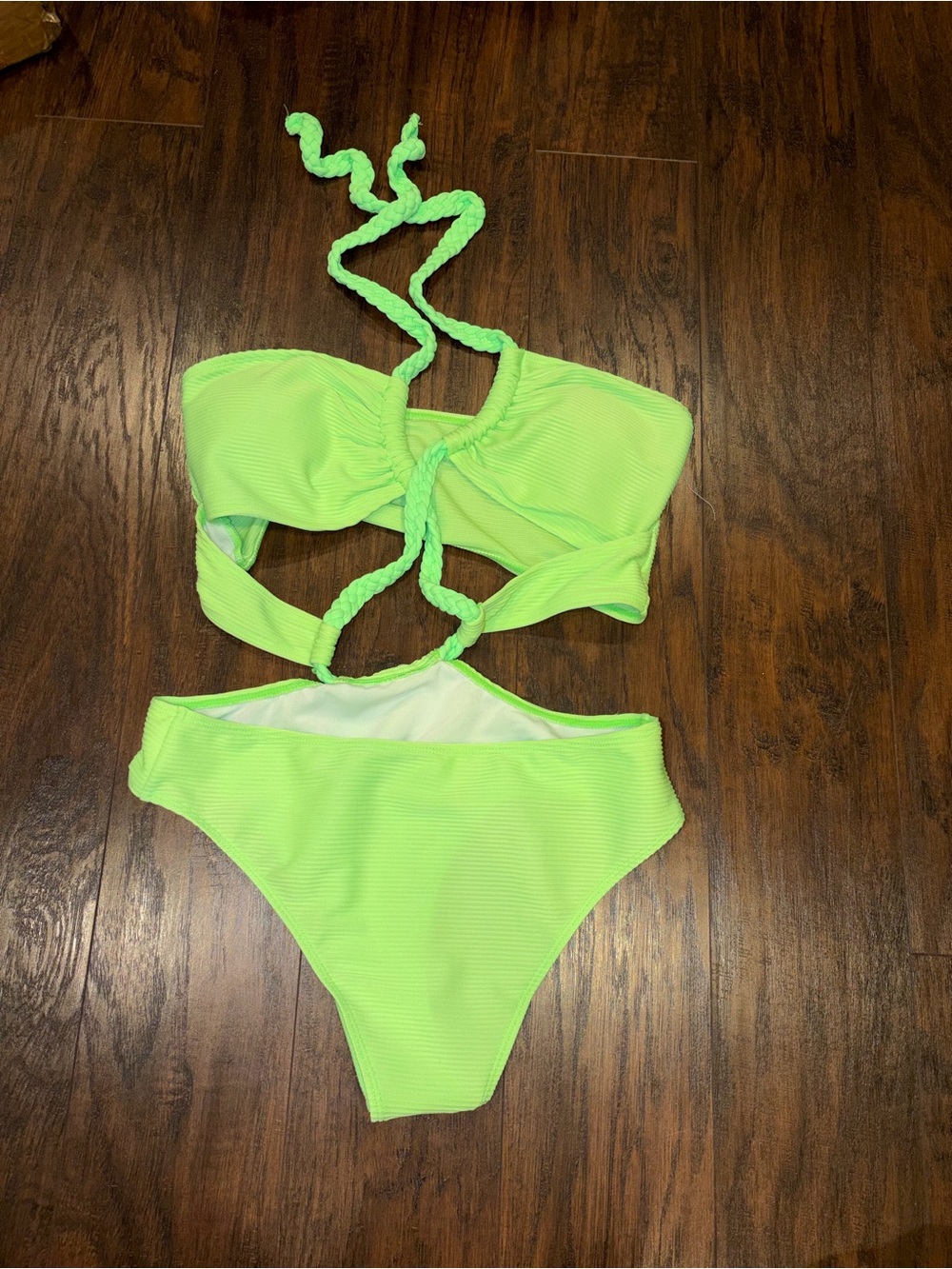 Neon Lime One-Piece Cutout Swimsuit with Braided Straps and detailing